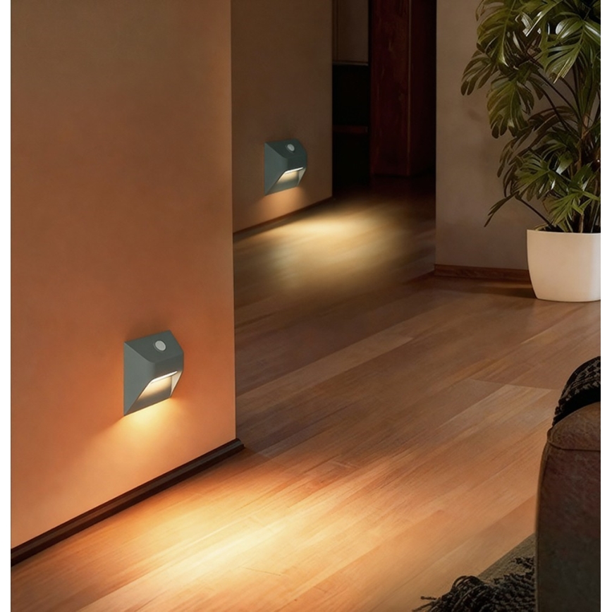 LED Nabíjacie schodiskové svietidlo so snímačom pohybu a súmraku STEP LIGHT LED/0,3W/3,7V 2200 mAh IP53 sivá