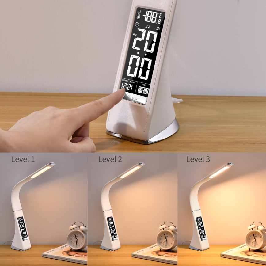 LED Stmievateľná stolná lampa s displejom LEATHER LED/7W/230V biela