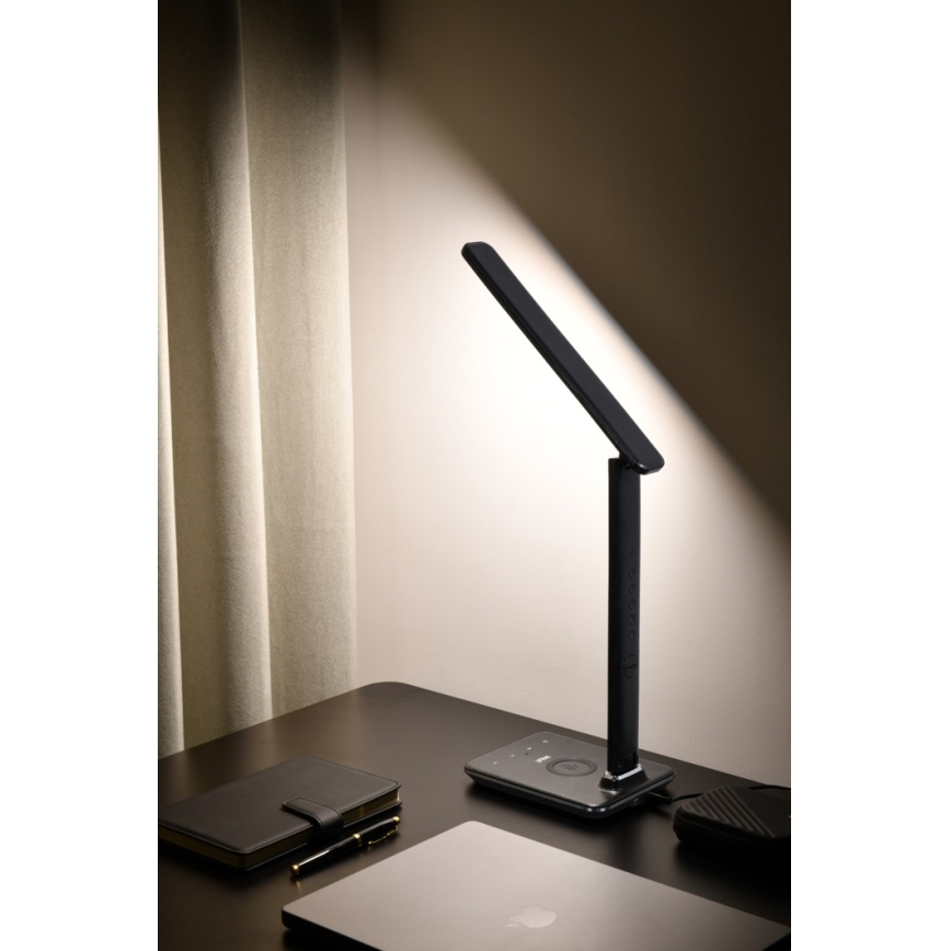 LED Stmievateľná lampa s bezdrôtovým nabíjaním QI a USB KINGFISHER LED/8,5W/230V čierna