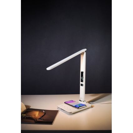 LED Stmievateľná stolná lampa s bezdrôtovým nabíjaním QI a USB KINGFISHER LED/8,5W/230V biela