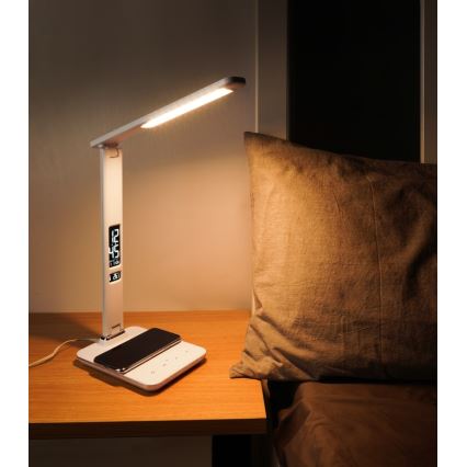 LED Stmievateľná lampa s bezdrôtovým nabíjaním QI a USB KINGFISHER LED/8,5W/230V biela