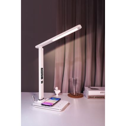 LED Stmievateľná stolná lampa s bezdrôtovým nabíjaním QI a USB KINGFISHER LED/8,5W/230V biela