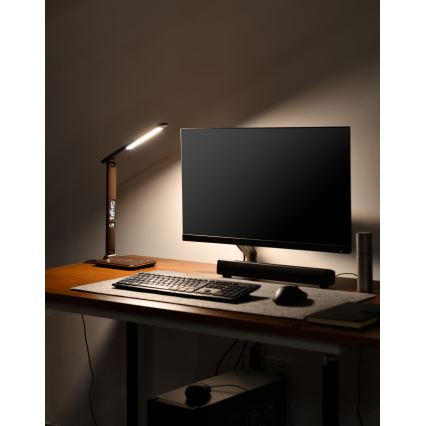 LED Stmievateľná stolná lampa s bezdrôtovým nabíjaním QI a USB KINGFISHER LED/8,5W/230V hnedá