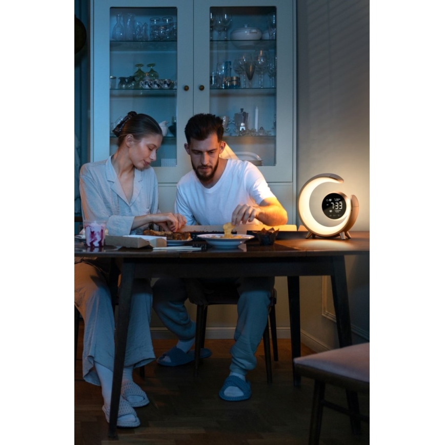 LED RGBW Stmievateľná stolná lampa s budíkom PEACOCK LED/20W/5V USB