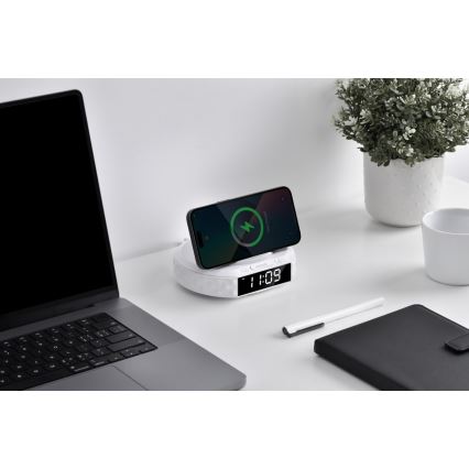 Budík s LCD displejom a bezdrôtovou Qi nabíjačkou 27W/9V 220 mAh biela