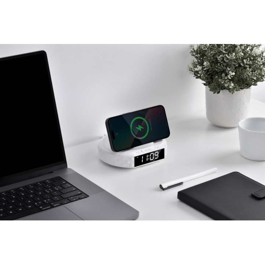 Budík s LCD displejom a bezdrôtovou Qi nabíjačkou 27W/9V 220 mAh biela