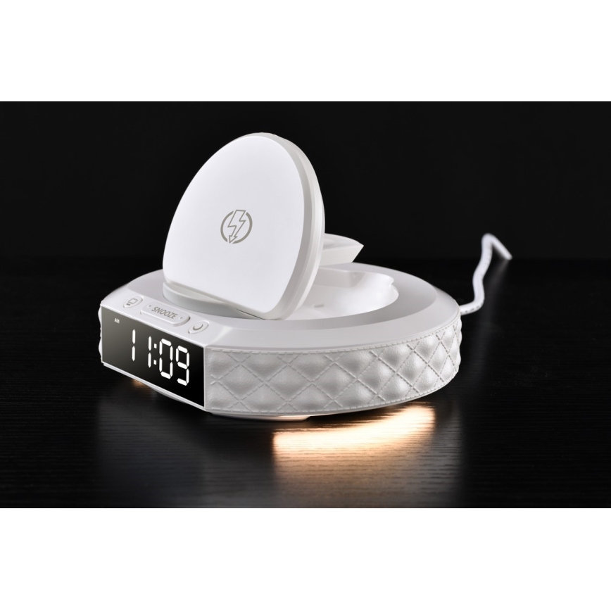 Budík s LCD displejom a bezdrôtovou Qi nabíjačkou 27W/9V 220 mAh biela