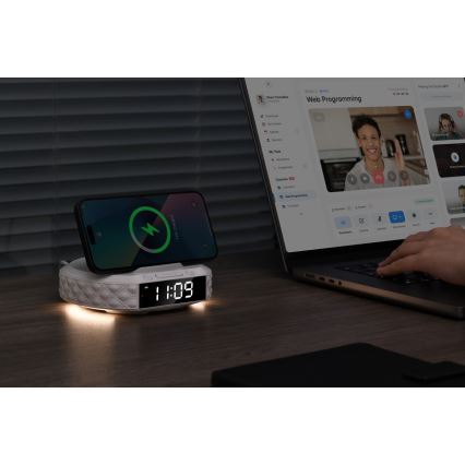 Budík s LCD displejom a bezdrôtovou Qi nabíjačkou 27W/9V 220 mAh biela