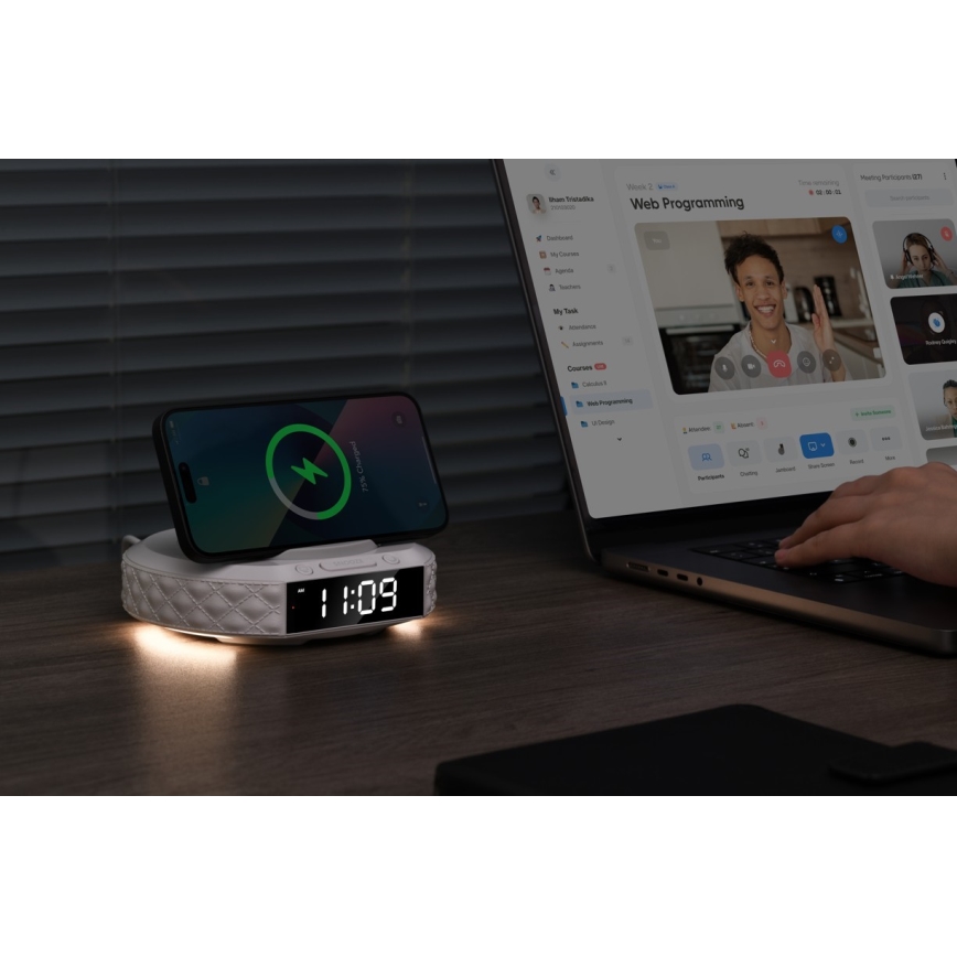 Budík s LCD displejom a bezdrôtovou Qi nabíjačkou 27W/9V 220 mAh biela