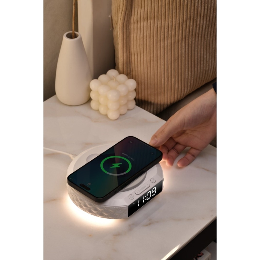 Budík s LCD displejom a bezdrôtovou Qi nabíjačkou 27W/9V 220 mAh biela