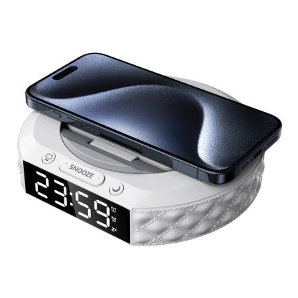 Budík s LCD displejom a bezdrôtovou Qi nabíjačkou 27W/9V 220 mAh biela