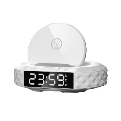 Budík s LCD displejom a bezdrôtovou Qi nabíjačkou 27W/9V 220 mAh biela