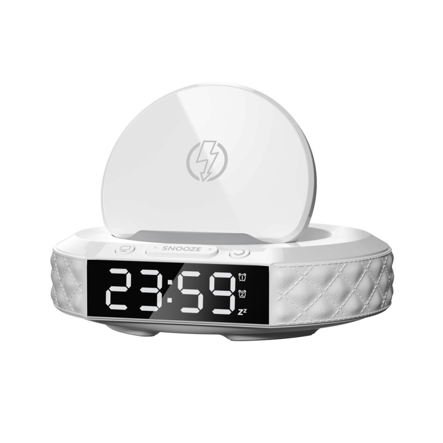 Budík s LCD displejom a bezdrôtovou Qi nabíjačkou 27W/9V 220 mAh biela