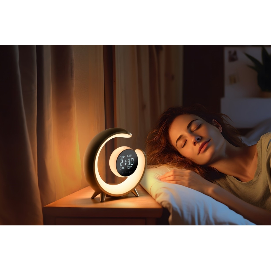 LED RGBW Stmievateľná stolná lampa s budíkom LED/20W/5V USB strieborná
