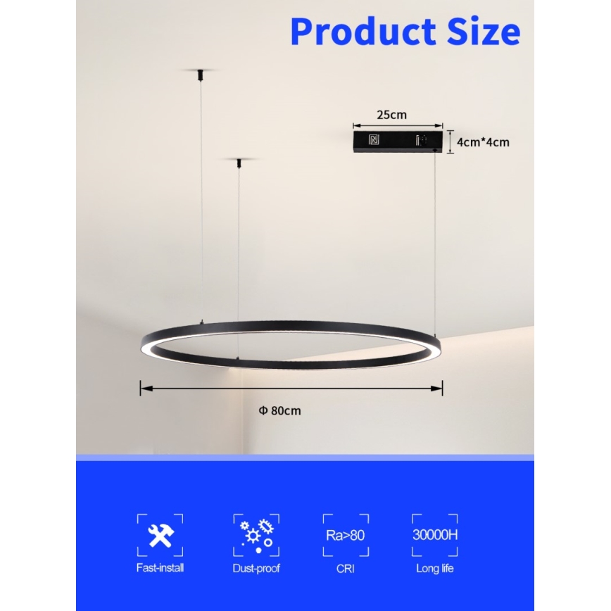 Immax NEO 07215L - LED Stmievateľný luster na lanku FINO LED/60W/230V 80 cm čierna Tuya + diaľkové ovládanie