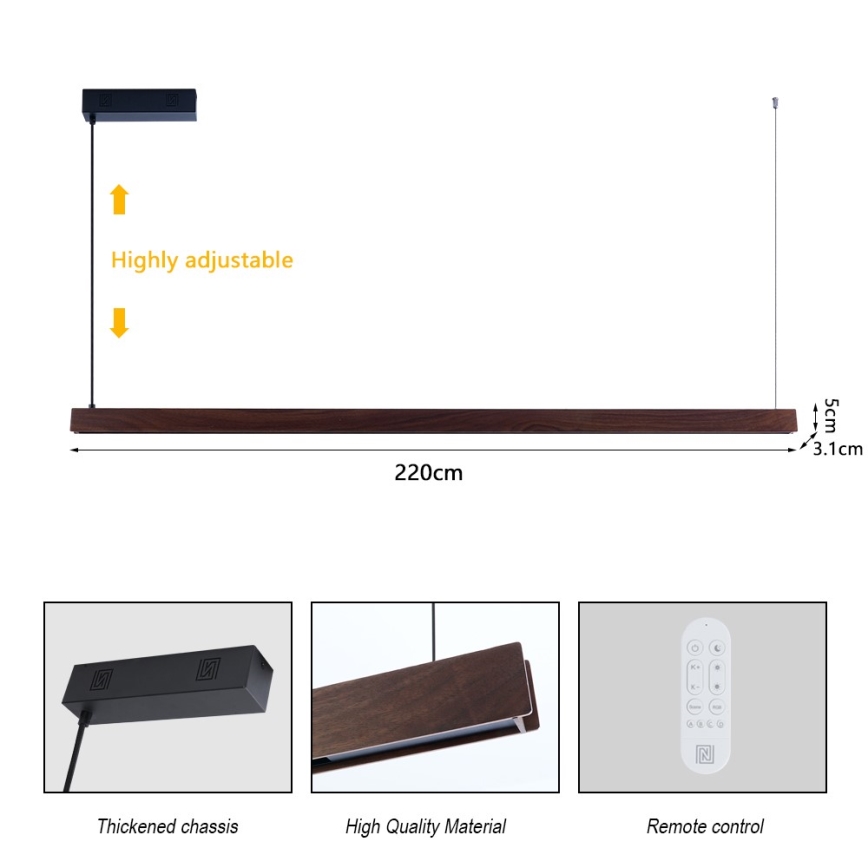 Immax NEO 07302L - LED stmievateľný luster na lanku MADEIRA LED/44W/230V Wi-Fi Tuya 202 cm orech + diaľkové ovládanie