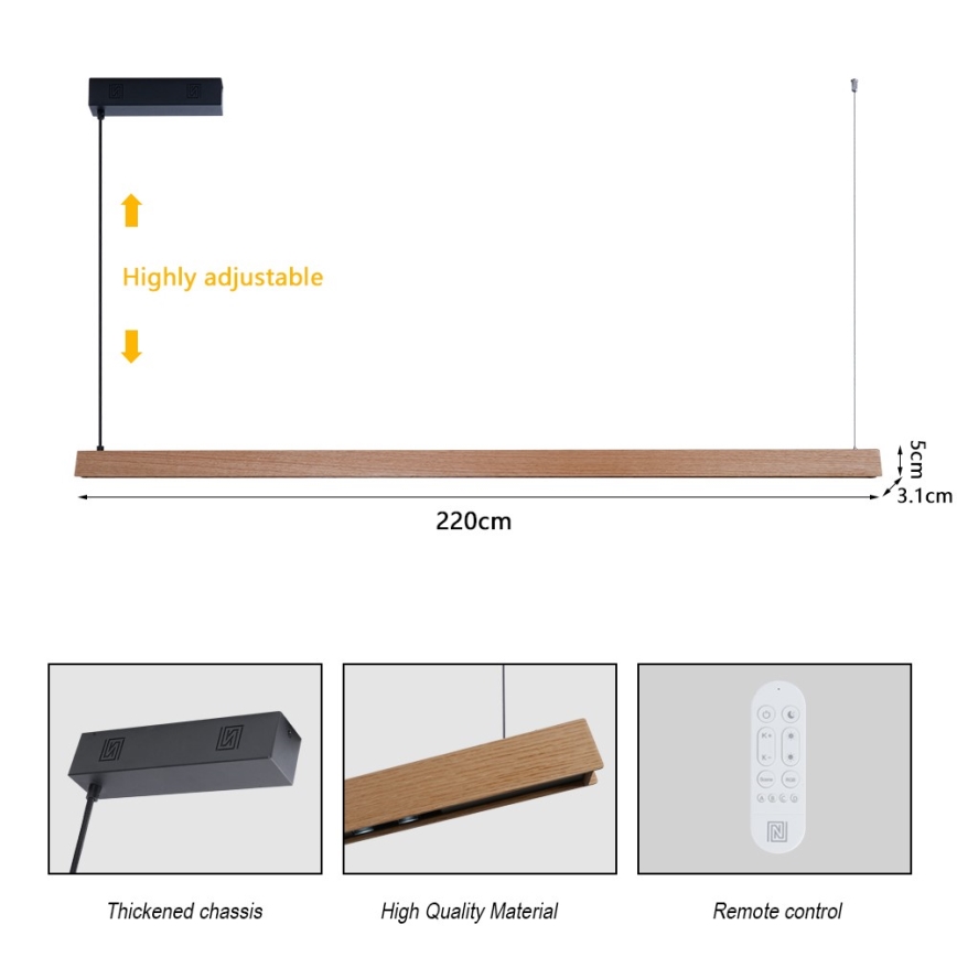 Immax NEO 07305L - stmievateľný LED luster na lanku MADEIRA LED/44W/230V Wi‑Fi Tuya 202 cm dub + diaľkové ovládanie
