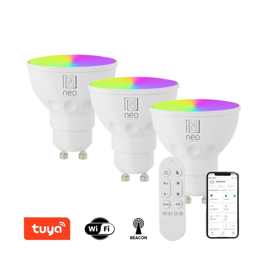 Immax NEO 07724CDO - sada 3x stmievateľných LED žiaroviek RGB+CCT GU10/4,8W/230V 2700-6500K Wi-Fi Tuya + diaľkové ovládanie