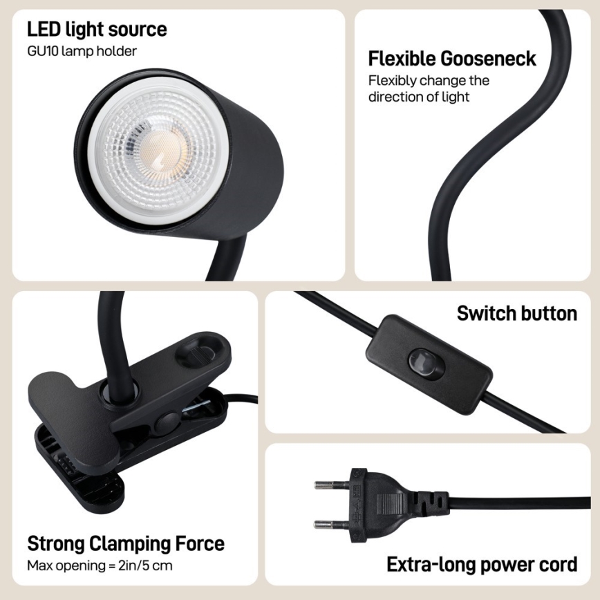 Immax NEO 08293L - Flexibilná lampa so svorkou PUNTO 1xGU10/9W/230V čierna