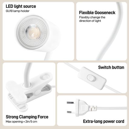 Immax NEO 08294L - Flexibilná lampa s klipom PUNTO 1xGU10/9W/230V biela