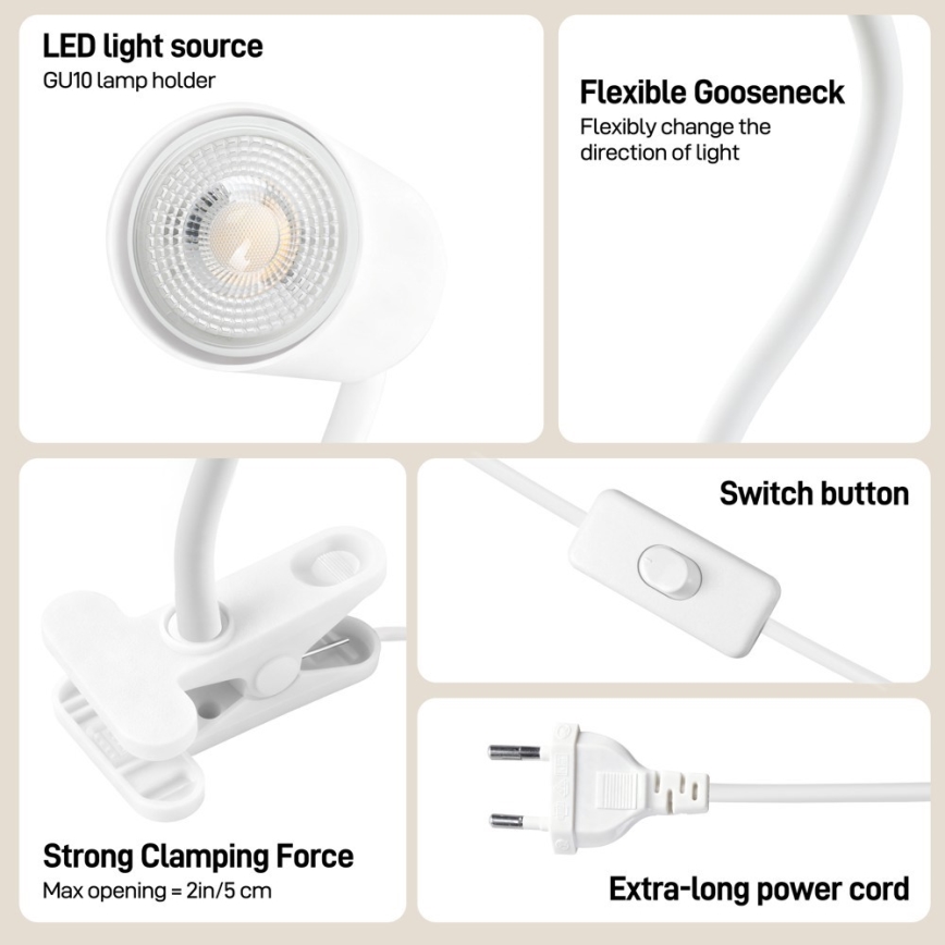 Immax NEO 08294L - Flexibilná lampa s klipom PUNTO 1xGU10/9W/230V biela