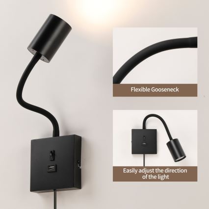 Immax NEO 08295L - Nástenné svietidlo s USB PUNTO 1xGU10/9W/230V čierne
