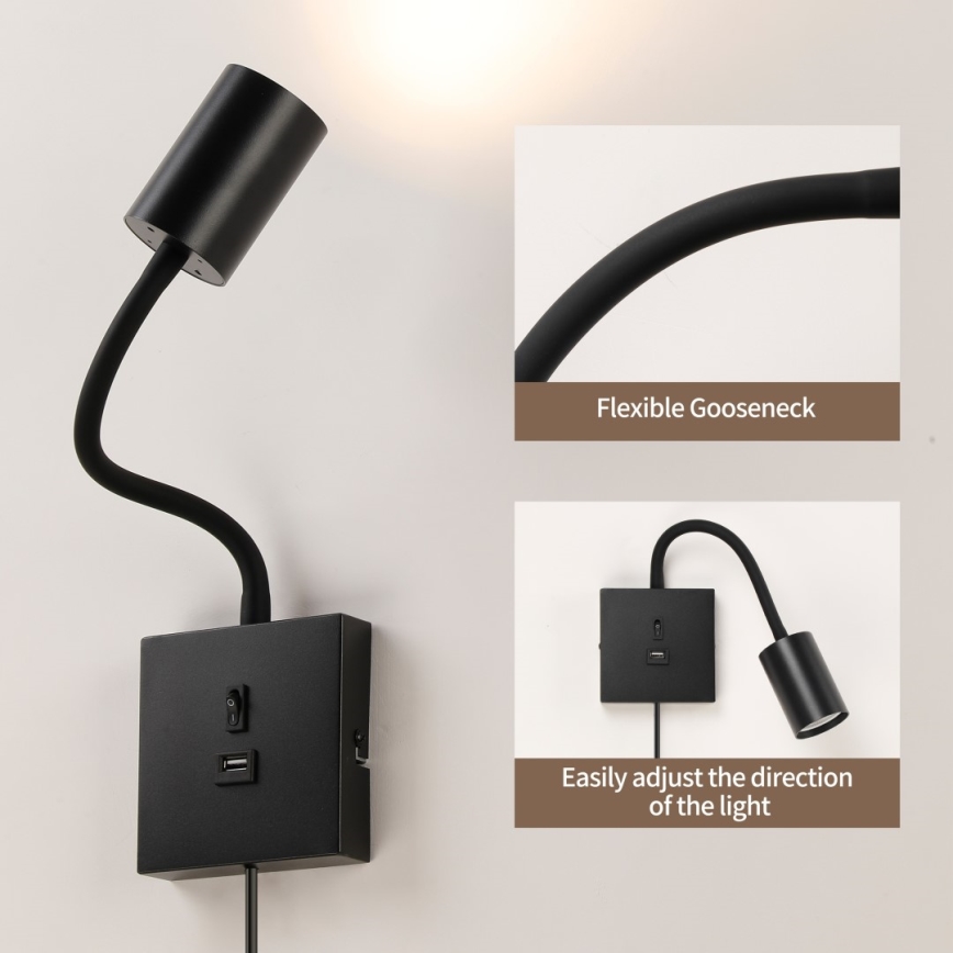 Immax NEO 08295L - Nástenné svietidlo s USB PUNTO 1xGU10/9W/230V čierne