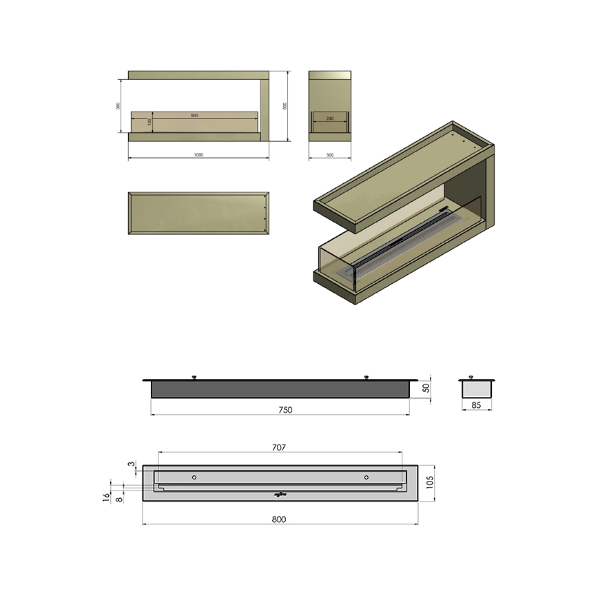 InFire - Rohový BIO krb 100x50 cm 3kW obojstranný