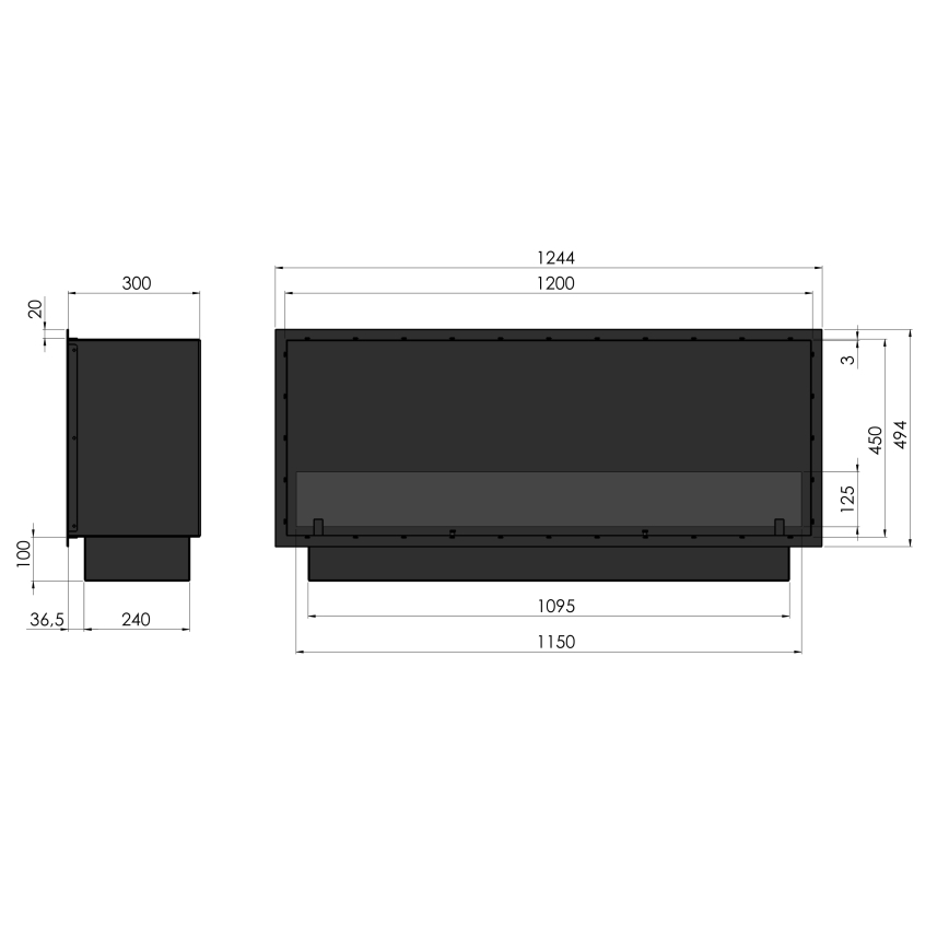 InFire - Vstavaný BIO krb 49,4x124,4 cm 6kW čierna