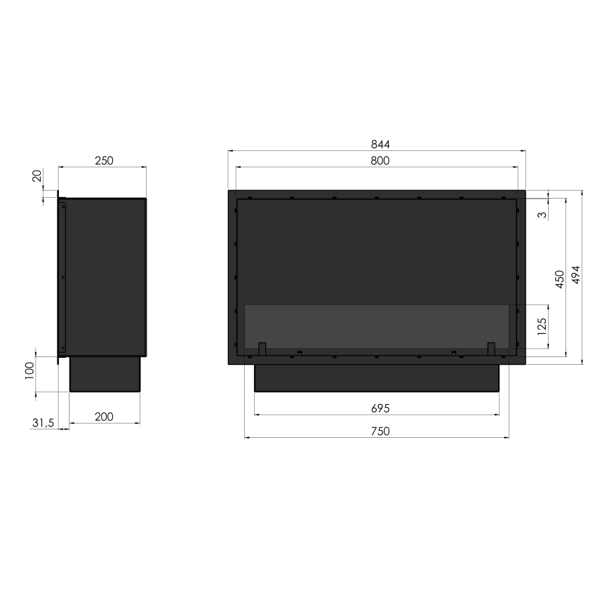 InFire - Vstavaný BIO krb 49,4x84,4 cm 3,5kW čierna