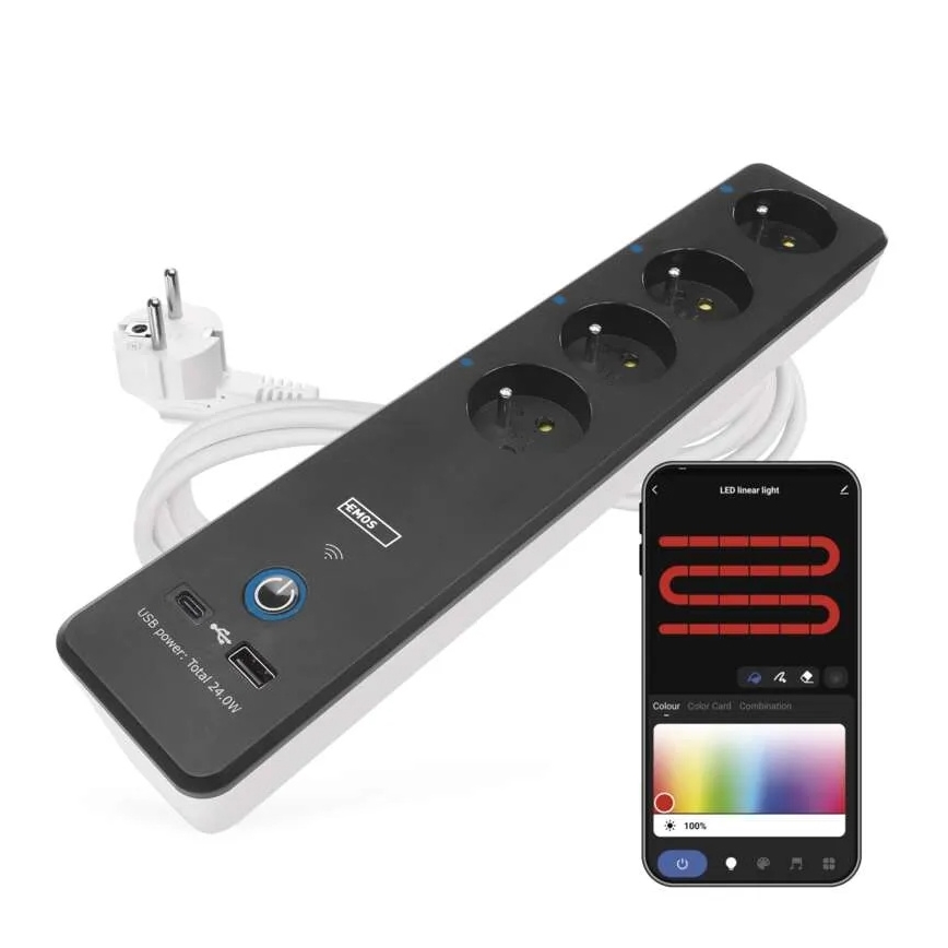 Inteligentný predlžovací kábel s vypínačom GoSmart 4Z + 1xUSB-A + 1xUSB-C 2 m Wi-Fi Tuya