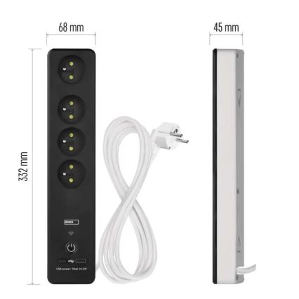 Inteligentný predlžovací kábel s vypínačom GoSmart 4Z + 1xUSB-A + 1xUSB-C 2 m Wi-Fi Tuya