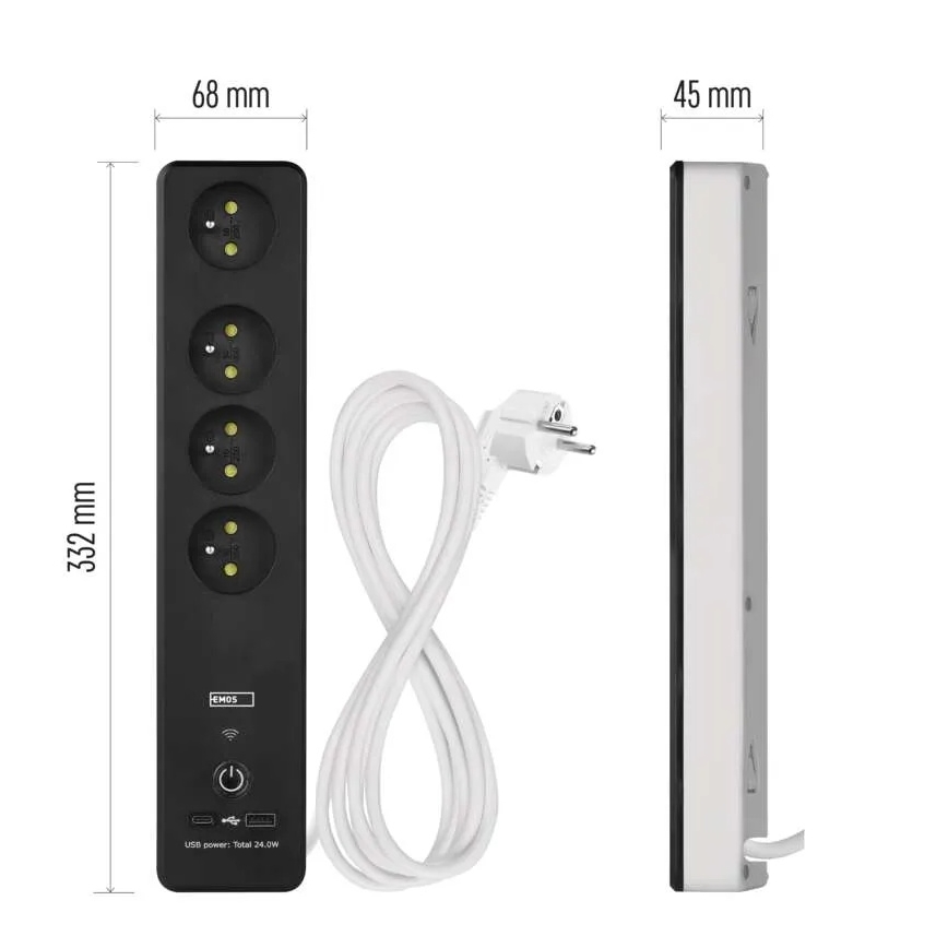Inteligentný predlžovací kábel s vypínačom GoSmart 4Z + 1xUSB-A + 1xUSB-C 2 m Wi-Fi Tuya