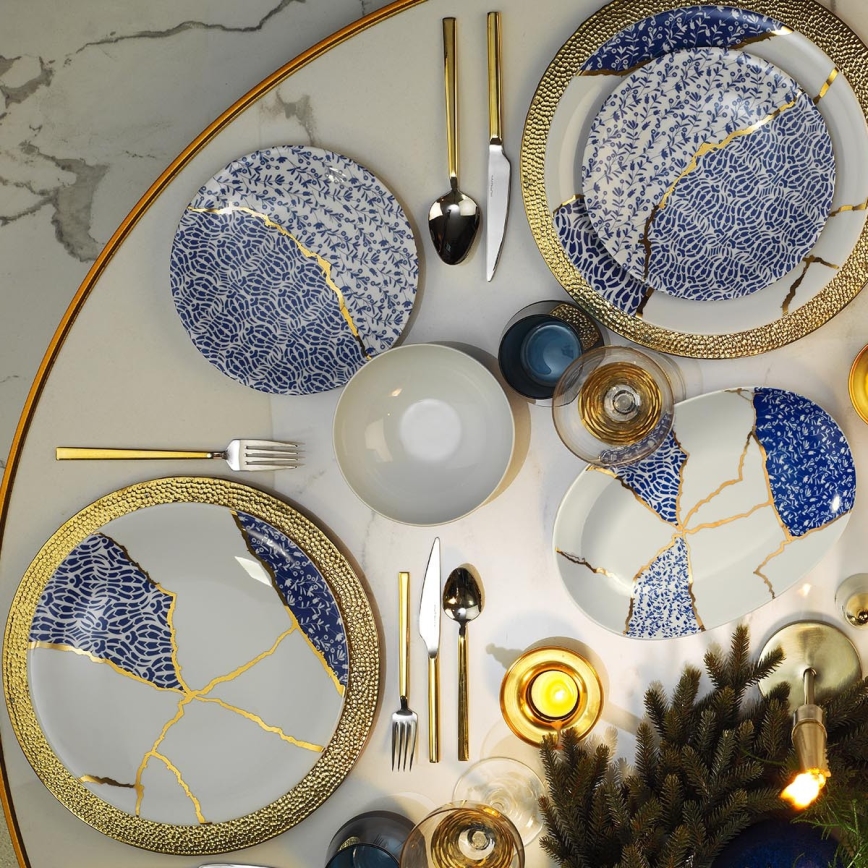 Jedálenská sada 28 ks biela/zlatá/modrá/porcelán