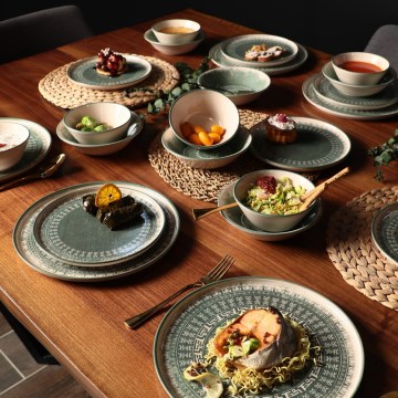 Jedálenská súprava 24 ks béžová/zelená/kamenina