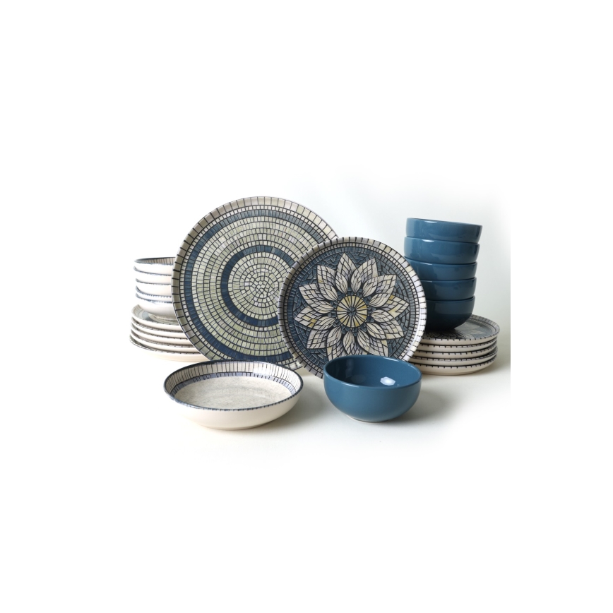Jedálenská súprava 24 ks, modrá/krémová, z kameniny
