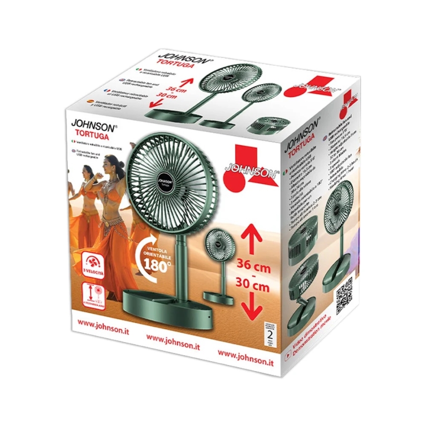 JOHNSON - Nabíjací stolný ventilátor TORTUGA 5 W / 3,7 V, 1200 mAh, priemer 16,5 cm, zelený