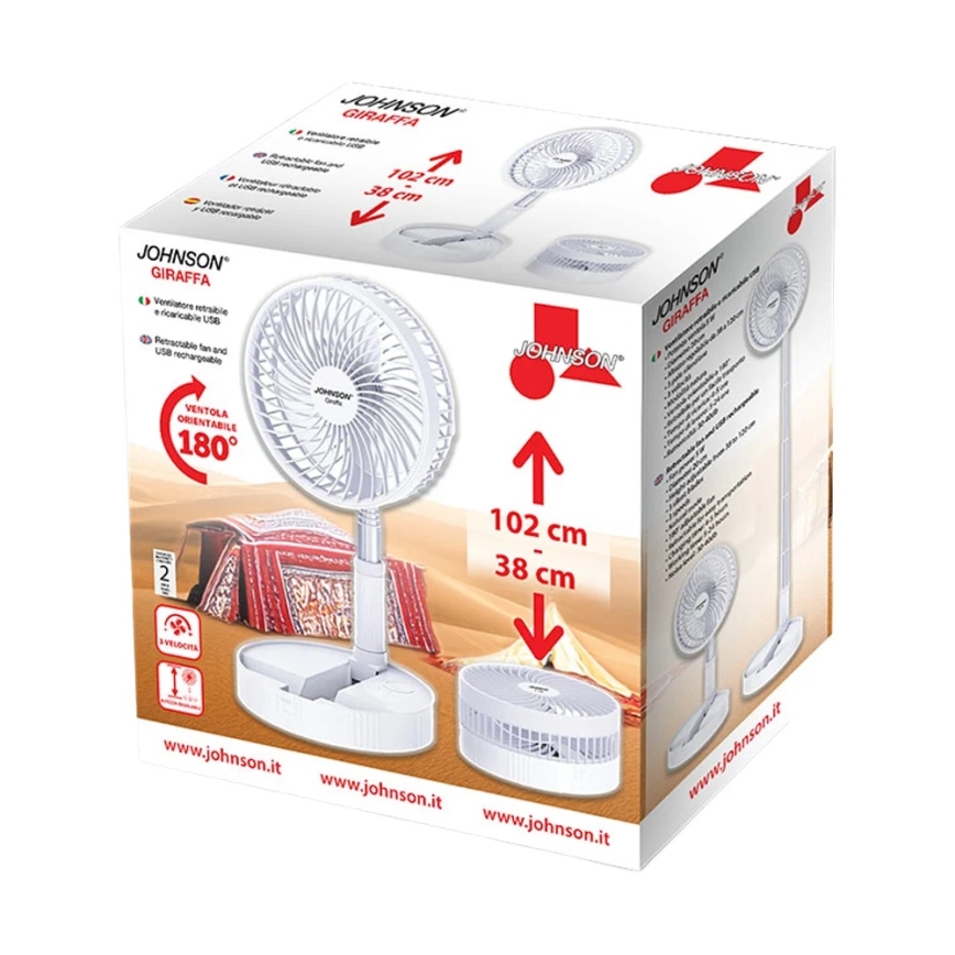 JOHNSON - Nabíjací stolový ventilátor GIRAFFA 5W/3,7V 1200 mAh priemer 20 cm biela