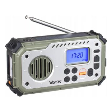 Kempingové rádio so kľukou, solárnym panelom a LED baterkou s funkciou powerbanky 5V/3xAAA/2000 mAh IPX4 zelená