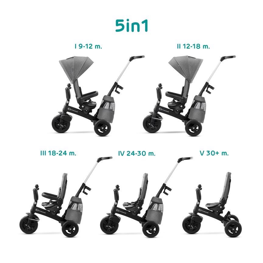 KINDERKRAFT - Detská trojkolka 5v1 EASYTWIST šedá/čierna