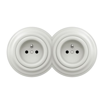 Kliklap - Dvojitá retro domová zásuvka s rámčekom, 230 V, keramická, biela