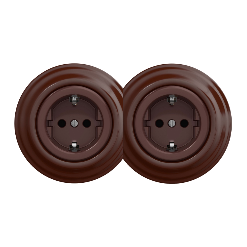 Kliklap - Dvojitá retro domová zásuvka s rámčekom SCHUKO 230V hnedá
