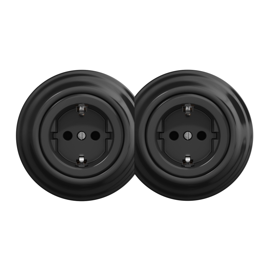 Kliklap - Dvojitá retro domová zásuvka s rámikom SCHUKO 230 V čierna