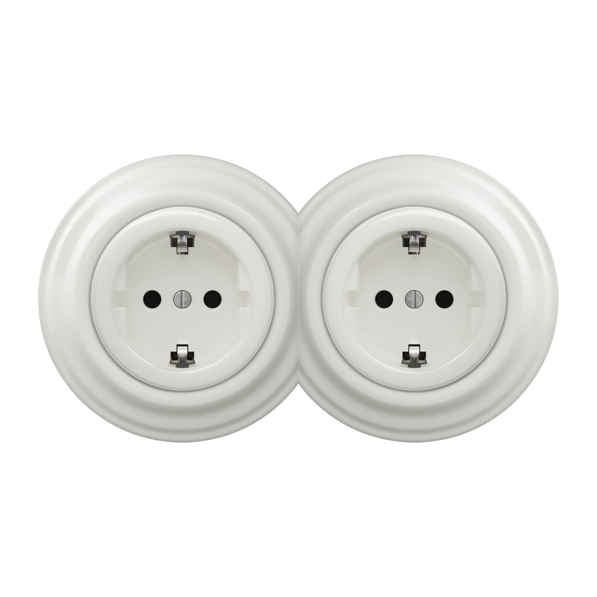 Kliklap - Dvojitá retro zásuvka do domácnosti s rámikom SCHUKO 230V/16A biela