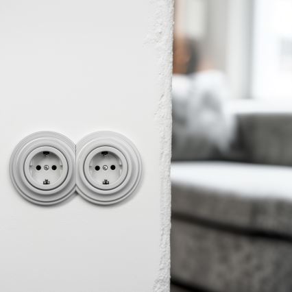 Kliklap - Dvojitá retro domová zásuvka s rámikom SCHUKO 230V/16A keramická biela