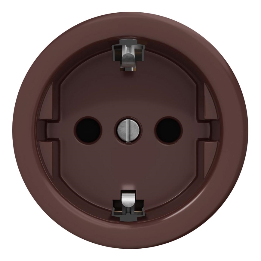 Hnedá elektrická zásuvka s dvoma otvormi a uzemnením je pripravená na zapojenie. Nachádza sa na bielom pozadí.