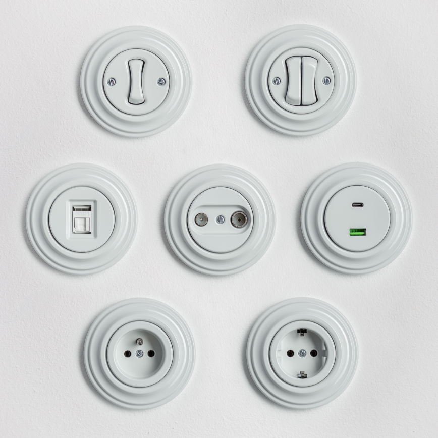 Kliklap - Retro domová zásuvka s rámikom 230V keramická biela