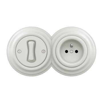 Kliklap - Retro jednopólový vypínač č. 1 a zásuvka 230 V s keramickým rámom, biela