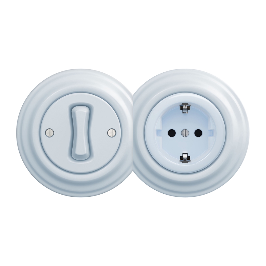 Kliklap – Retro jednopólový vypínač č. 1 a zásuvka SCHUKO 230 V s modrým rámčekom