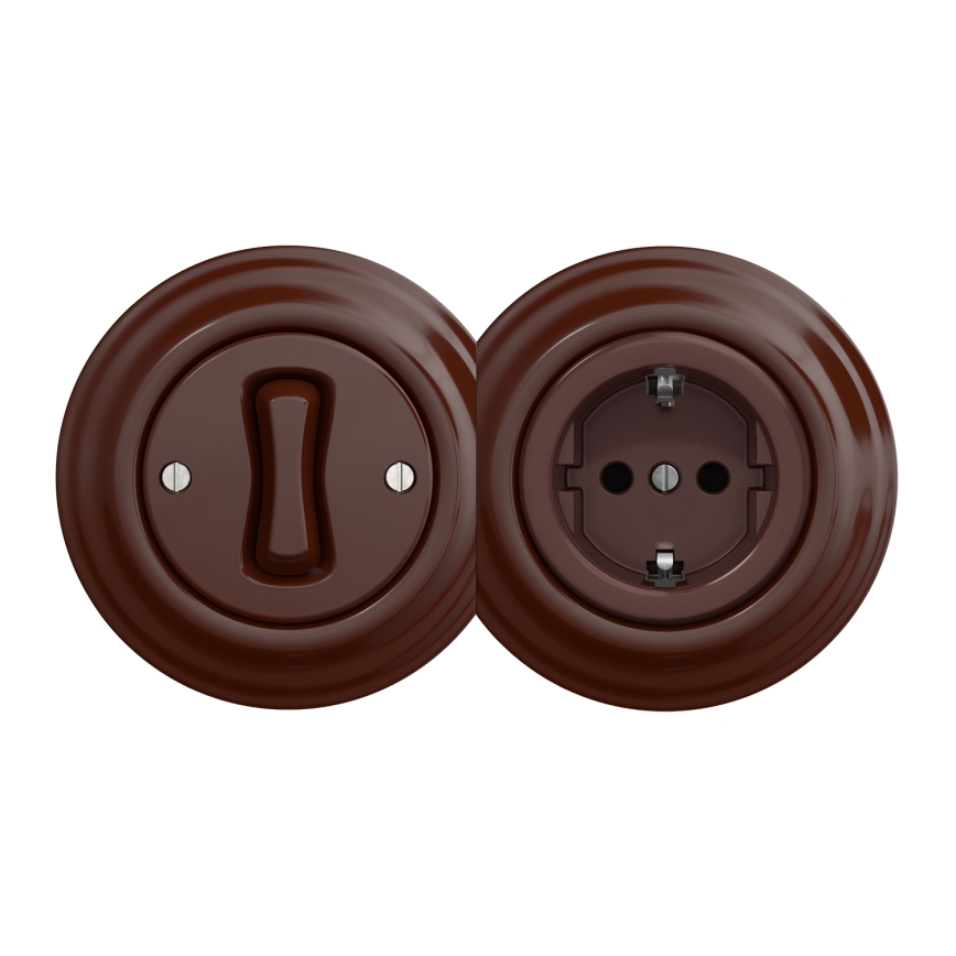 Kliklap - Retro jednopólový vypínač č. 1 a zásuvka SCHUKO 230V s hnedým rámčekom